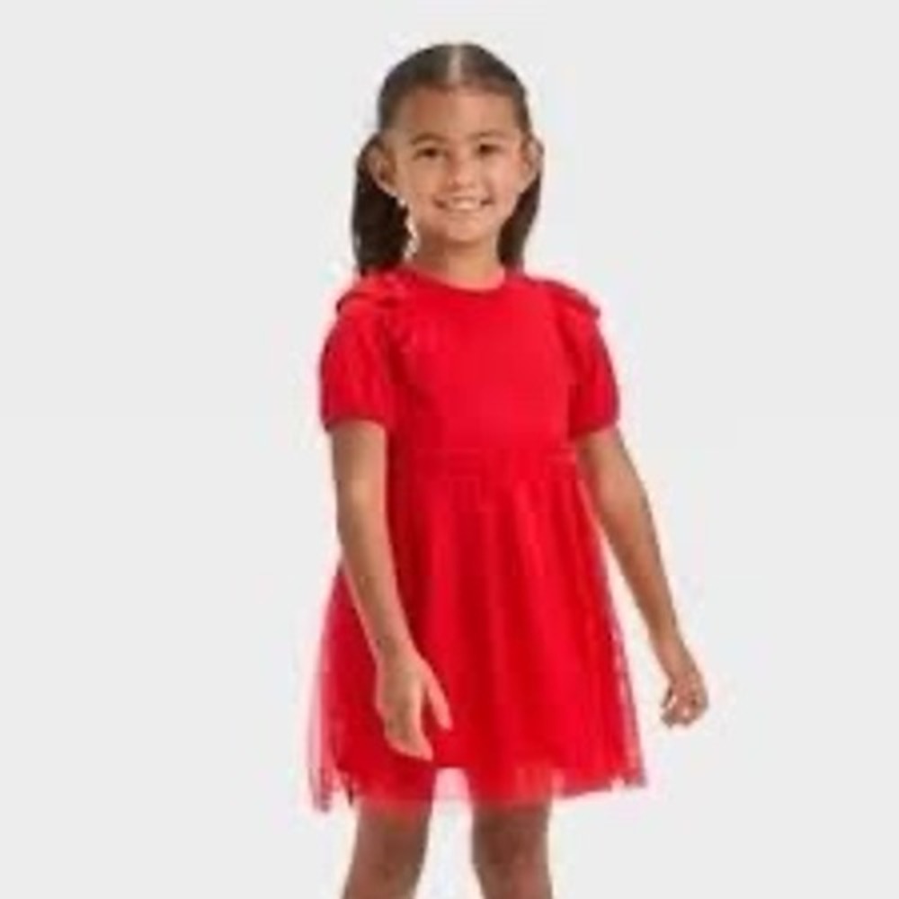 Cat & Jack Toddler Girls Red Tulle Ruffle Dress 3T Cable Knit Bodice NWT